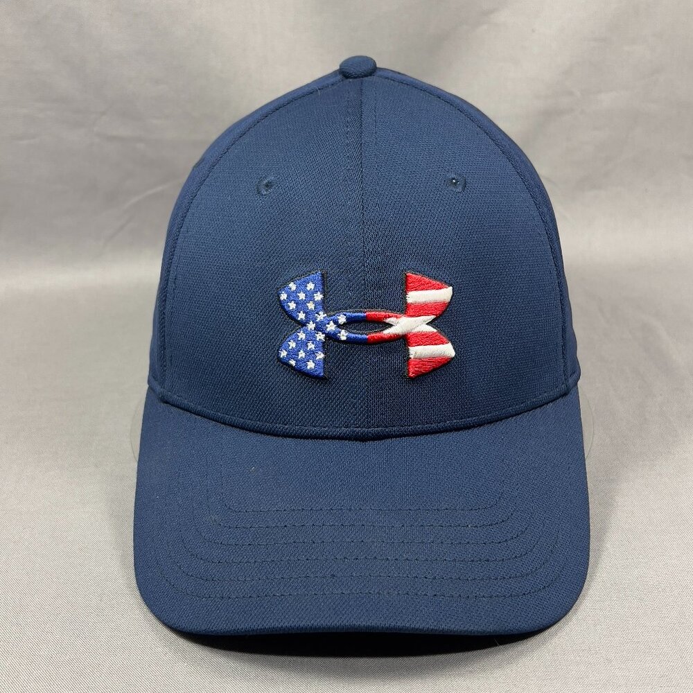 Under Armour Freedom Blitzing Stretch Fit M/L Hat Cap Blue USA Flag Golf Mens - Picture 2 of 13